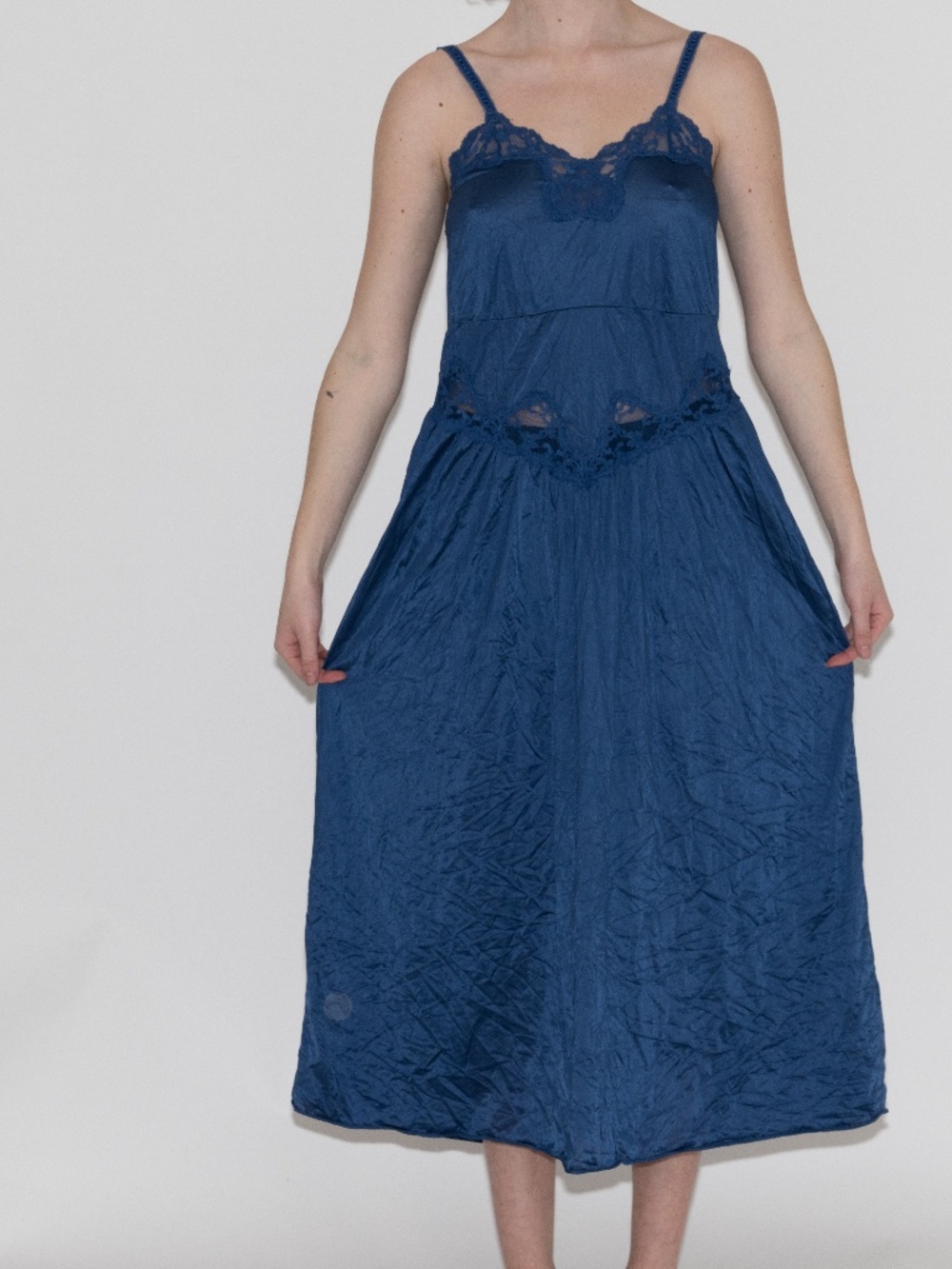 Vintage blue maxi slip dress lace trim size medium maidenform nylon